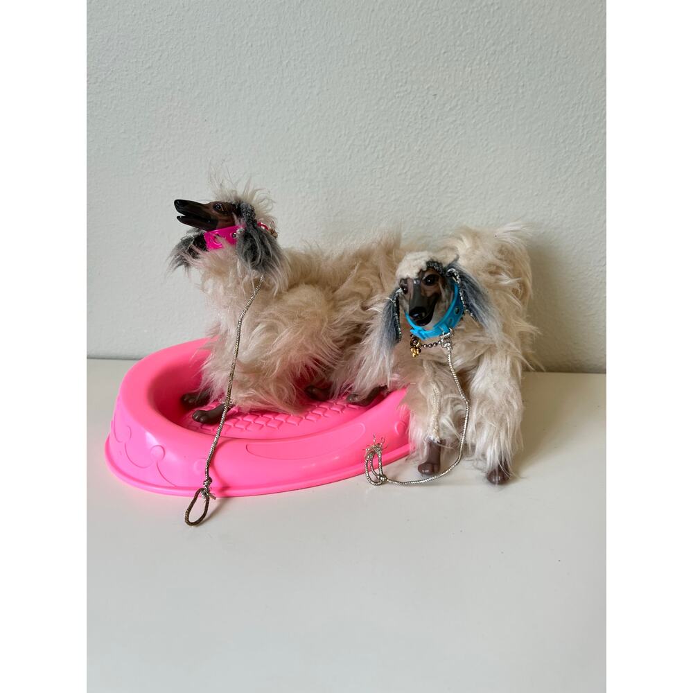 Vintage 1979 Barbie Pet Dog Beauty Afghan Hounds with Collars and Pet Bed Toy